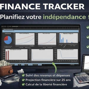 May include: A computer monitor and laptop showing financial charts, with the text "FINANCE TRACKER" and "Excel Spreadsheet." The image includes a calculator, wallet, and text that says "Instant Download."