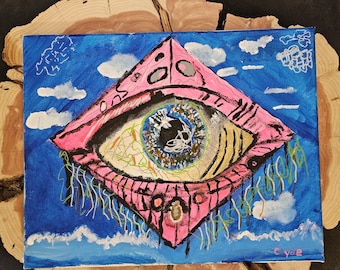 De Hemel Binnenin - Origineel surrealistisch oogschilderij op canvas (11x14 inch), roze diamant en blauwe hemel