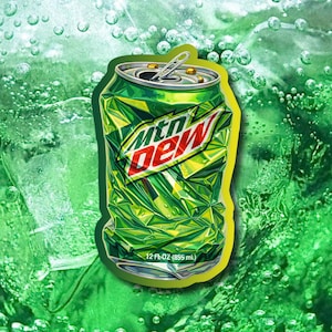 May include: A green and red Mountain Dew soda can with a crushed appearance. The can has the brand name in red and white, and the can's volume is 12 fl oz (895 mL). The background is a green, bubbly liquid.