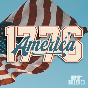 May include: A graphic design featuring the large cream-colored numbers 1776 with a thin red outline. The word America is written in a blue script font across the numbers, with two small blue stars. A waving American flag is in the background.