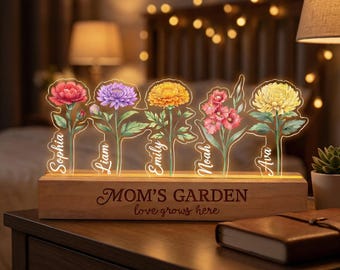 Grandma's Garden Night Light, Personalized Birth Month Flower LED Light With Kid Names, Birthday, Mother Day Gift For Mom Grandma Wife F941
