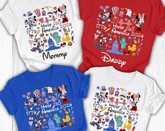 Disney 4th July 2026 Family Shirts, Custom Disney America 250th Year Shirts, Disney 4th July Name Shirts, Mickey and Minnie 4th July Shirts