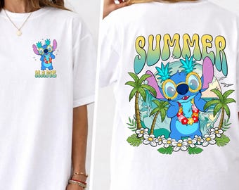 Two-sided Personalized Cute Floral Stitch Beach Shirt, Lilo And Stitch Tote Shirt, Animated Character Movie Shirt, Summer Vacation Gift For