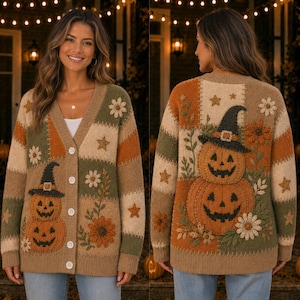 May include: A long-sleeve V-neck cardigan featuring a patchwork design in shades of tan, olive green, and orange. The knit garment displays embroidered jack-o'-lanterns wearing witch hats, white daisies, and stars, with five white buttons down the front.