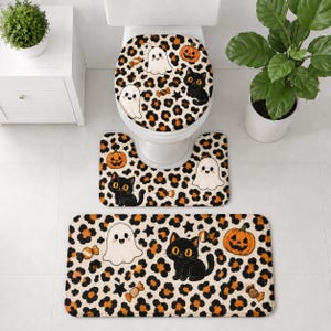 Halloween Leopard Bathroom Rug Set, Ghost Black Cat Bath Mat, Orange Pumpkin Toilet Rug Set, Trendy Spooky Bathroom Decor