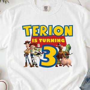 Custom Name Kids Toddler Toy Story T-shirt, Personalized Buzz Woody Jessie Shirt, Custom Birthday Boy Girl Tee, land Trip Shirt image 1