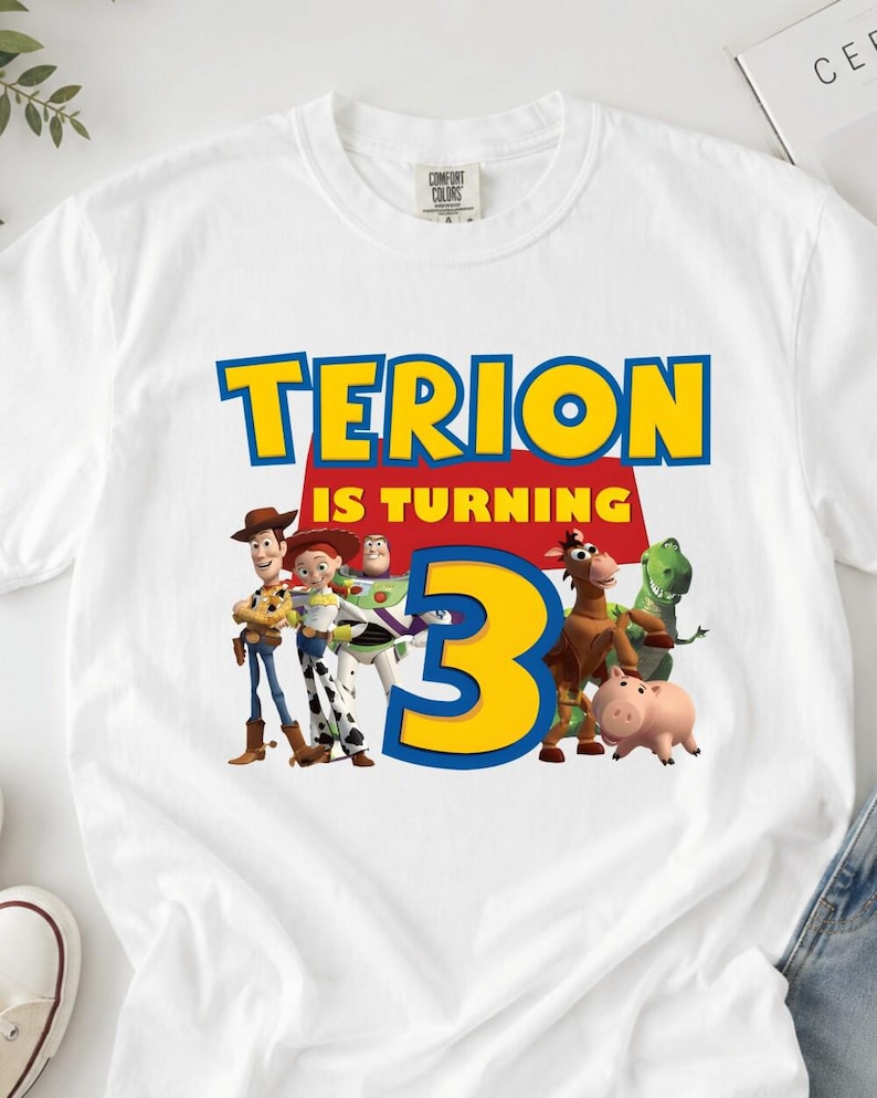 Custom Name Kids Toddler Toy Story T-shirt, Personalized Buzz Woody Jessie Shirt, Custom Birthday Boy Girl Tee, land Trip Shirt image 1