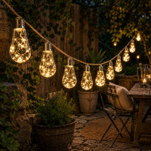 Pode incluir: Uma série de luzes decorativas para exterior. As luzes têm a forma de grandes lâmpadas em forma de gota e são enfiadas numa corda. Cada lâmpada contém uma rede de pequenas luzes brancas quentes. As luzes estão penduradas num jardim.