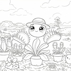 May include: Black and white illustration of a cartoon Venus flytrap wearing a hat, surrounded by other smiling potted plants. The background shows a landscape with water, trees, and clouds, creating a whimsical garden scene.