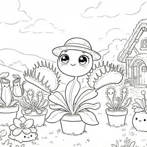 May include: A black and white illustration of a whimsical garden scene. A large Venus flytrap wearing a hat is the focal point, surrounded by other potted plants with smiling faces. A cottage is in the background.