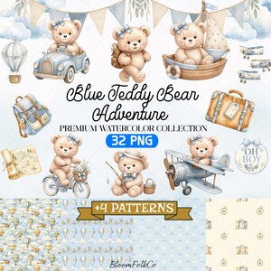 Può includere: Una collezione digitale di illustrazioni ad acquerello con orsacchiotti marrone chiaro con fiocchi blu, inclusi orsi in auto, barca, bicicletta e aereo, insieme ad accessori da viaggio, mappe e motivi con il testo Blue Teddy Bear Adventure.