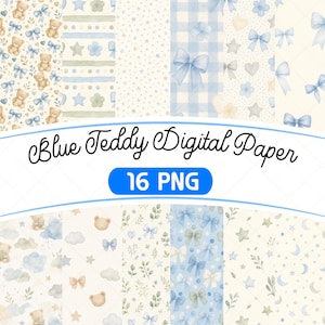 Può includere: Una collezione di 16 motivi di carta digitale con illustrazioni ad acquerello di orsacchiotti, fiocchi blu, stelle, nuvole, lune e fogliame su sfondi color crema. Il testo Blue Teddy Digital Paper e 16 PNG è visualizzato al centro.