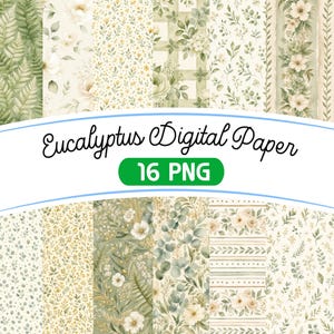Eucalyptus Greenery Digital Paper, Watercolor Sage Botanical Seamless Pattern, Green Leaf Backgrounds, Scrapbook Gift Wrap, Commercial Use