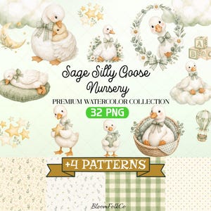 Può includere: Una collezione digitale di illustrazioni ad acquerello con oche, stelle, nuvole ed elementi per la cameretta con il testo Sage Silly Goose Nursery, Premium Watercolor Collection, 32 PNG e +4 Patterns, in tonalità verde salvia e bianco.