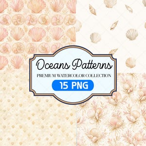 Coastal Wedding Shell Seamless Pattern, Watercolor Seashell Digital Paper PNG JPEG, Beach Wedding Stationery Background, Commercial Use