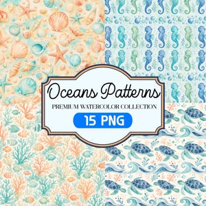 Ocean Creature Seamless Pattern, Watercolor Fish Turtle Seahorse Shell Digital Paper, Nursery Baby Shower Background, Commercial Use