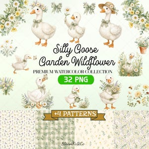 Silly Goose Wildflower Clipart, Sage Green Watercolor PNG, Cottagecore Garden Goose, Daisy Meadow Spring Florals, Commercial Use