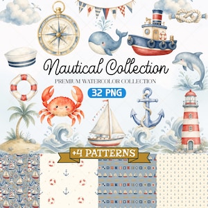 Può includere: Una collezione digitale di illustrazioni nautiche ad acquerello con bussola, balena, rimorchiatore, granchio, barca a vela, ancora, faro e delfino. Il testo recita Nautical Collection, Premium Watercolor Collection, 32 PNG e +4 Patterns.
