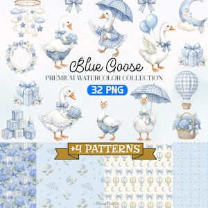 Op de afbeelding: Een digitale aquarelcollectie getiteld Blue Goose Premium Watercolor Collection 32 PNG + 4 Patterns met illustraties van ganzen in blauwe outfits, blauwe strikken, geschenken, een heteluchtballon, een maan en bloemstukken.