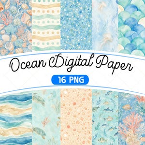 Può includere: Una collezione di 16 carte digitali con illustrazioni ad acquerello della vita marina, tra cui barriere coralline, conchiglie, tartarughe marine, meduse e pesci, con motivi a onde, pois e squame in tonalità di blu e beige.