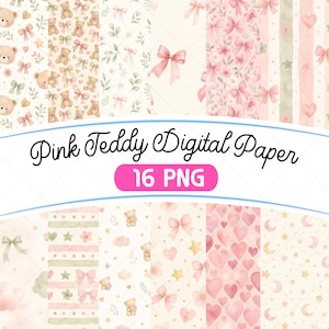 Può includere: Una collezione di 16 carte digitali con illustrazioni ad acquerello di orsacchiotti, fiocchi rosa, cuori, stelle, lune, nuvole e motivi floreali in delicate tonalità pastello di rosa, crema e verde salvia con il testo Pink Teddy Digital Paper 16 PNG.