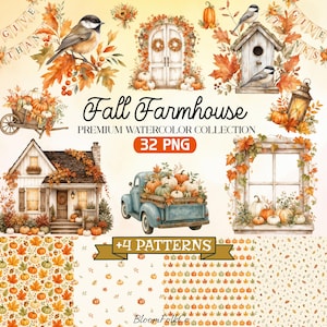 Può includere: Una collezione digitale ad acquerello intitolata Fall Farmhouse che include 32 file PNG e 4 motivi. Gli elementi includono un uccello su un ramo, una porta bianca con ghirlande, una casetta per uccelli, una carriola, una casa, un camion blu e una finestra con zucche.