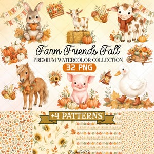 Può includere: Una collezione digitale intitolata Farm Friends Fall Premium Watercolor Collection 32 PNG + 4 Patterns con illustrazioni di coniglio, capra, mucca, cavallo, maiale e anatra con zucche, girasoli e foglie autunnali su sfondo chiaro.