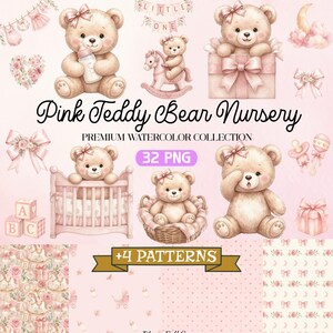 Può includere: Una collezione digitale di illustrazioni ad acquerello con orsacchiotti marrone chiaro con fiocchi rosa, biberon, cavalli a dondolo, culle, scatole regalo, cuori floreali e sonagli. Il testo recita Pink Teddy Bear Nursery, 32 PNG e +4 PATTERNS.