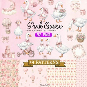 Puede incluir: Una colección digital de ilustraciones en acuarela con gansos blancos con lazos rosas, una luna creciente, globos aerostáticos, bloques de bebé, cajas de regalo y patrones florales. El texto dice Pink Goose Premium Watercolor Collection 32 PNG +4 Patterns.