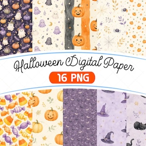 Può includere: Una collezione di 16 carte digitali con illustrazioni ad acquerello di zucche, fantasmi, pipistrelli, cappelli da strega, gatti neri, caramelle e ragnatele in arancione, viola, nero e crema con il testo Halloween Digital Paper 16 PNG.