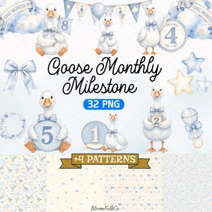 Può includere: Una collezione digitale di illustrazioni ad acquerello con oche bianche con fiocchi a quadretti blu, cartelli numerati per tappe fondamentali, nastri blu, stelle, nuvole, un sonaglio e quattro sfondi a motivi con il testo Goose Monthly Milestone 32 PNG +4 PATTERNS.