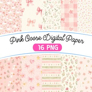 Può includere: Una collezione di carta digitale con motivi di oche rosa, fiocchi, cuori, stelle, fiori e strisce. Il testo Pink Goose Digital Paper 16 PNG è visualizzato al centro. Questi design in stile acquerello includono vari motivi in rosa tenue, bianco e verde.