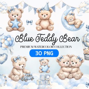 Blue Teddy Bear PNG Bundle, Watercolor Nursery Clipart, Baby Girl Clipart, Cute Bear Bow Balloon Moon, Baby Shower, Commercial Use
