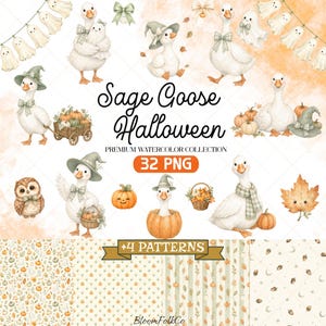 Può includere: Una collezione digitale di illustrazioni ad acquerello con oche bianche che indossano cappelli, sciarpe e fiocchi verde salvia, accompagnate da zucche, fantasmi, un gufo e foglie autunnali, con il testo Sage Goose Halloween Premium Watercolor Collection 32 PNG +4 Patterns.