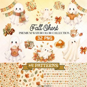 Può includere: Una collezione digitale di illustrazioni ad acquerello con fantasmi bianchi, zucche, foglie autunnali, ghiande, tazze di cioccolata calda e sfondi a motivi. Il testo include Fall Ghost, PREMIUM WATERCOLOR COLLECTION, 32 PNG e +4 PATTERNS.