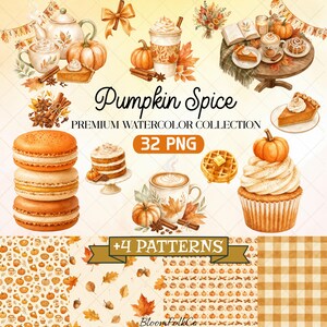Puede incluir: Una colección digital de ilustraciones en acuarela con temática de especias de calabaza que incluye una tetera, tazas de café, trozos de pastel de calabaza, macarons, un cupcake, un gofre y hojas de otoño con el texto Pumpkin Spice Premium Watercolor Collection 32 PNG +4 Patterns.