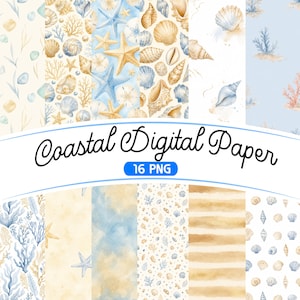 Coastal Watercolor Digital Paper, Seamless Beach Seashell Pattern, Soft Blue Sandy Scrapbook Background Paper Set, Commercial Use