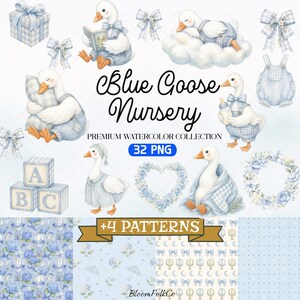 Blue Goose Nursery Clipart, Baby Boy Watercolor PNG, Goose Nursery Decor Name Frames, Cute Blue Goose Baby Shower, Commercial Use