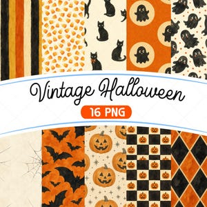 Può includere: Una collezione digitale di 16 file PNG intitolata Vintage Halloween, con motivi di caramelle, gatti neri, fantasmi, pipistrelli, zucche, ragnatele e disegni a scacchi o a rombi nei colori arancione, nero, crema e bianco.