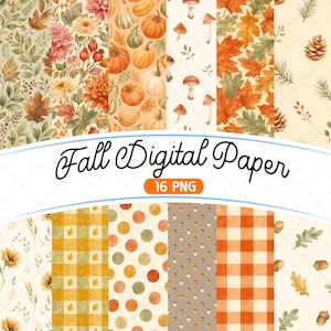 Fall Watercolor Digital Paper, Autumn Seamless Pattern, Pumpkin Leaves Gingham Floral Cottagecore Scrapbook Paper, Commercial Use