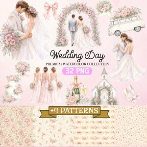 Può includere: Una collezione digitale di acquerelli intitolata Wedding Day Premium Watercolor Collection 32 PNG + 4 Patterns con illustrazioni di coppie, damigelle, torta nuziale, chiesa, furgone, bouquet floreali e motivi floreali ripetuti.