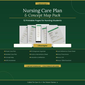May include: A dark green graphic with the text "Nursing Care Plan & Concept Map Pack" and "12 Printable Pages for Nursing Students." Includes a list of nursing care plan topics and an "Instant Download" button.