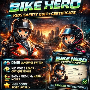 Könnte beinhalten: Ein digitales Grafik für ein Quizspiel für Kinder namens "Bike Hero". Das Bild zeigt zwei Cartoon-Kinder auf Motorrädern, den Titel des Spiels und ein Zertifikat. Der Text enthält "Kids Safety Quiz + Certificate", "DE/EN Language Switch" und "Printable Certificate (PDF)."