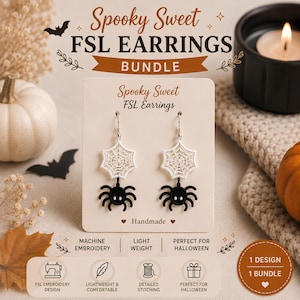 May include: A pair of dangling earrings on a display card labeled Spooky Sweet FSL Earrings. Each earring features a white embroidered spiderweb hanging above a black embroidered spider with two white eyes, attached to silver-toned metal hooks.