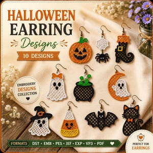 May include: Ten Halloween-themed embroidery earring designs featuring a pumpkin, spider web, witch boot, ghost, cauldron, crescent moon with ghost, ghost with hat, candy corn, bat, and black cat, all with metal earring hooks attached.