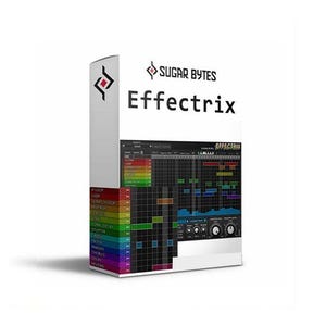 Può includere: Una scatola bianca con la scritta "Effectrix" e il logo Sugar Bytes. La scatola mostra un'interfaccia software con una griglia colorata e manopole di controllo. Il lato della scatola presenta un elenco di effetti.
