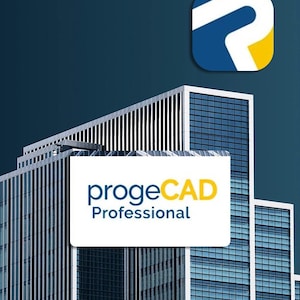 Może przedstawiać: Zdjęcie nowoczesnego wieżowca z niebiesko-białą fasadą. Obraz zawiera logo "progeCAD Professional" w białym tekście na białym prostokącie. Niebieskie, żółte i białe logo znajduje się w prawym górnym rogu.