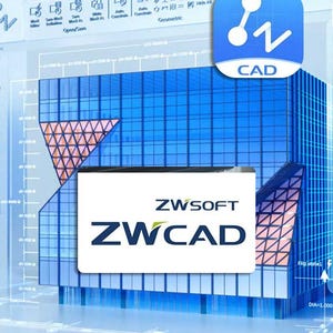 Könnte beinhalten: Eine digitale Darstellung eines modernen Gebäudes mit einer blauen Glasfassade. Das Bild zeigt die Logos ZWSOFT und ZWCAD sowie ein blaues quadratisches Symbol mit der Aufschrift "CAD". Der Hintergrund enthält eine CAD-Software-Oberfläche.