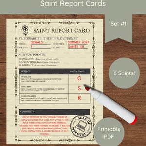 May include: A set of Saint Report Cards with a vintage design. The cards feature a detailed layout with sections for name, grade, and virtue points. A red marker rests on the card. The text "Printable PDF" is also visible.