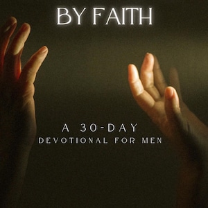 May include: A book cover titled STRENGTHENED BY FAITH, A 30-DAY DEVOTIONAL FOR MEN by Michael D. Woods Jr. The cover features a dark background with two hands reaching upward toward the light, with the title text in a glowing white font.